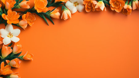 floral pattern featuring vibrant orange flowers on an orange background. this unique design showcases the intricate details of paper sculptures, reminiscent of classic still life compositions. the colorful and minimalistic elements are enhanced by elaborate borders, creating a nature-inspired composition. enjoy the high-resolution uhd image of this captivating floral artwork. ai generatedの素材