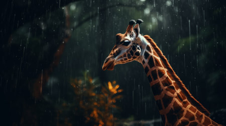 a giraffe gracefully walks through the rain, surrounded by lush green leaves and trees. this stunning image, created in the style of unreal engine 5, showcases hyper-detailed and realistic renderings. the beauty of this environmental portrait is truly mesmerizing, with a color palette featuring dark white and dark orange tones. the scene is brought to life with its realistic depiction, making it a visual masterpieceの素材