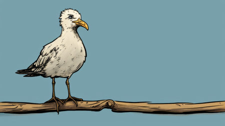 a detailed character illustration of a seagull perched on a branch, reminiscent of the style of peter bagge. this panoramic-scale illustration showcases the intricate details of the seagull's feathers and the texture of the branch. inspired by the works of cody ellingham, elihu vedder, and historical wood illustrations. ai generatedの素材
