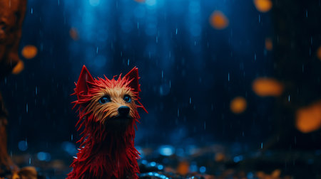 a red-haired dog stands in the rain, captured in a cinematic style using cinema4d rendering. the atmosphere is ominous, enhanced by the miniature sculptures surrounding the dog. the artist, natalia rak, skillfully portrays a shallow depth of field, drawing attention to the dog. the dark sky-blue and amber tones add to the overall mood of the image, reminiscent of ursula von rydingsvard's work. ai generatedの素材