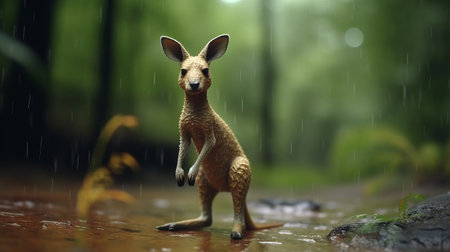 an electronic image of an animatronic kangaroo walking through the forest, showcasing hyper-realistic water and charming character illustrations. the image captures the soggy, miniature sculptures created by reylia slaby, with the kangaroo striking playful poses amidst the wet-on-wet blending technique. ai generatedの素材