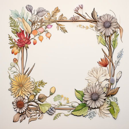 a frame of highly detailed, sculptural paper constructions featuring earthy-toned flowers and leaves. this realistic composition showcases intricate illustrations and a meticulous usage of light and color. with a touch of prairiecore, this artwork also highlights detailed wildlife in its intricate design. ai generatedの素材