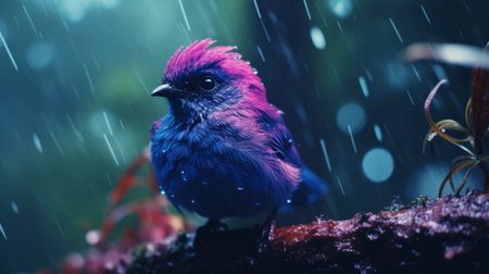 green bird in the rain, a stunning hd wallpaper download featuring a hyper-realistic illustration of a bird. the artwork showcases a dark sky-blue and dark magenta color palette, creating a dreamy and impressionistic atmosphere. with focus stacking techniques, the image captures intricate details of the bird's feathers. the use of light crimson and purple adds a touch of vibrancy to this cute and captivating scene.の素材