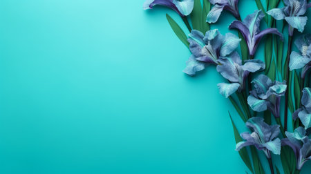 blue iris flower on a turquoise background with white space. the composition is scattered, featuring a mix of light purple and light aquamarine hues. the artwork, created by filip hodas, showcases decorative borders and is available in 32k uhd resolution. these minimalist backgrounds are designed with a combination of dark green and light aquamarine tones. ai generatedの素材