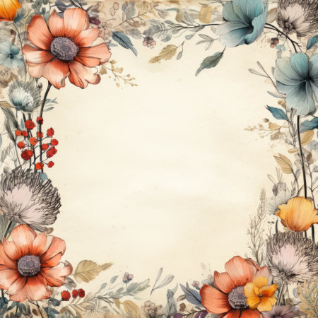 a watercolor flower frame featuring a beautiful arrangement of flowers in various colors such as light orange, dark aquamarine, dark beige, and red. this high-definition image showcases nostalgic paintings with a touch of folk art. the nature-inspired installations are depicted in a harmonious blend of light amber and gray tones. ai generatedの素材