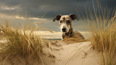 a dog stands in a surreal landscape of hay and grass, resembling stormy seascapes. the photorealistic portraiture captures the dog's features with soft lighting, showcasing its dark beige and silver fur. this captivating image, rendered in maya, combines elements of wimmelbilder to create a unique and mesmerizing composition. ai generatedの素材