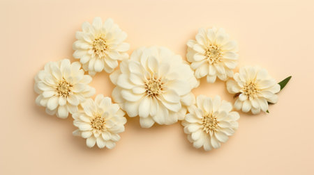 a floral arrangement featuring white dahlias is showcased against a peach background, resembling a wall sculpture and installation. this high-resolution photo captures the combination of natural and man-made elements, with an ivory color palette. the image incorporates the artistic styles of drugcore, repetitive rephotography, and emotional sensitivity. ai generatedの素材