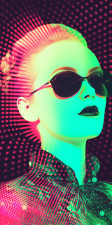 a minimalist portrait of a 1870s starlet sunbathing, featuring a light faded orthonormal coordinate system of 8-bit dots and colors. the background showcases a renaissance-inspired vanished light lithography, adorned with light halftone dots. the overall effect creates an ever-moving anaglyphic kaleidoscopic aesthetic, reminiscent of minimal psychedelic art. ai generatedの素材