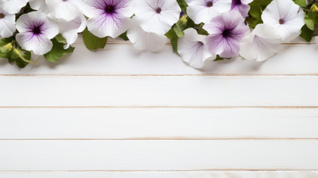 purple flowers on a wooden base stand out against a white background in this photo. the composition features horizontal stripes, detailed and decorative backgrounds, and a unique framing. the matte finish adds a touch of elegance to the bright and light white and beige tones. ai generatedの素材