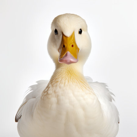 duck sitting on white background, captured in the style of elke vogelsang. this symmetrical national geographic photo, reminiscent of hendrick avercamp's work, showcases the duck's vibrant colors. shot with a tokina at-x 11-16mm f/2.8 pro dx ii lens, the image features a light yellow and white palette, reminiscent of jean-leon gerome's art. ai generatedの素材