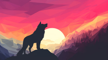 a howling wolf at sunset, set against a mountainous backdrop, captured in a flat illustration style. the vibrant color gradients of magenta and amber create a romantic atmosphere. this illustration showcases the artist's skill in depicting psychological phenomena and their ability to create monochrome canvases with geometric balance. ai generatedの素材