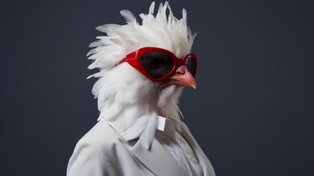 a chicken in red glasses and an elegant suit poses for a portrait. the photograph showcases futurist influences with its dark and white color palette. it captures the essence of celebrity photography, angura kei, radical inventions, and lifelike figures. the harsh flash adds a dramatic touch to this unique and intriguing image. ai generatedの素材