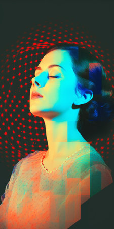 a minimalist portrait of a 1840s starlet sunbathing is captured in this photo. the frame is filled with a light faded orthonormal coordinate system of 8-bit dots and 8-bit colors, creating a post-impressionism vibe. the background features a vanished light lithography, while light halftone dots add depth to the image. the overall aesthetic is an ever-moving anaglyphic kaleidoscopic minimal psychedelic art. ai generatedの素材