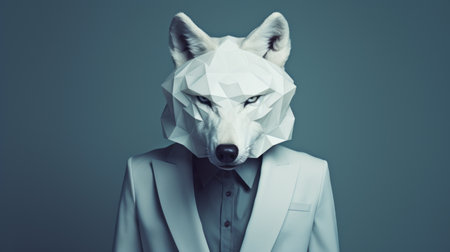 a man wearing a white jacket and a wolf head mask is captured in this artistic image. the photograph showcases the style of neo-plasticism geometry, reminiscent of renowned object portraiture specialists such as dan matutina and bess hamiti. the detailed costumes and lith printing technique used in this image evoke the creativity and skill of sven nordqvist. ai generatedの素材