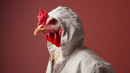 a girl wearing a chicken mask in a white hoodie poses for a photo, reminiscent of classic still life compositions. the image is characterized by a combination of light gray and crimson tones, showcasing hyperrealistic animal portraits. with minimal retouching, the photo captures the essence of sharp and clever humor. the influence of jean fouquet's style is evident, while the use of infrared adds anの素材