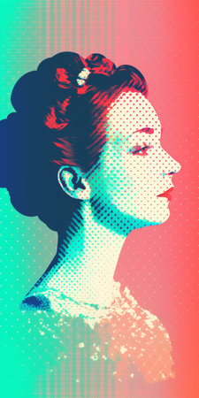 a minimalist portrait of a 1830s starlet sunbathing, featuring a light faded orthonormal coordinate system of 8-bit dots and colors. the impressionism-inspired background showcases a vanished light lithography effect, complemented by light halftone dots. the overall composition creates an ever-moving anaglyphic kaleidoscopic aesthetic, resulting in a captivating minimal psychedelic art piece. ai generatedの素材