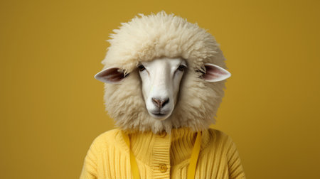 a sheep named mimi is captured in a photograph wearing a yellow sweater, showcasing its unique white hair. this conceptual portraiture, shot in 8k resolution, follows the dusseldorf school of photography. the image highlights photographically detailed portraitures with a normcore aesthetic, emphasizing the intricate costume and fashion choices. it is a captivating mashup of styles. ai generatedの素材