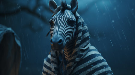 a zebra painted in the rain, rendered in cinema4d by alejandro burdisio. this realistic fantasy artwork showcases emotive surreal character studies in 8k resolution. the dark white and light indigo tones create a captivating atmosphere, enhanced by the soft-focus technique. ai generatedの素材