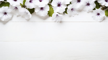 white and purple flowers arranged on an antique white wooden background, capturing the essence of frantisek kupka's monochromatic shadows. the minimalist background, wide angle lens, and bright backdrop create a minimalistic composition. the contrasting dark white and green elements add depth to the overall aesthetic. ai generatedの素材