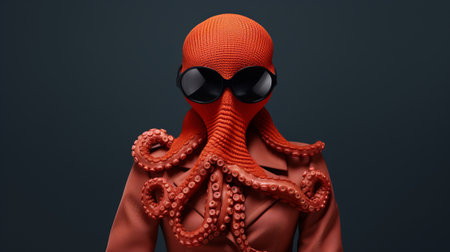 an octopus wearing a suit, captured in the style of vray tracing, showcases the creativity of women designers. the vibrant colors of red and orange enhance the densely textured or haptic surface of the plastic material. this unique artwork combines hip hop aesthetics with thought-provoking portraitures, incorporating hidden meanings. ai generatedの素材
