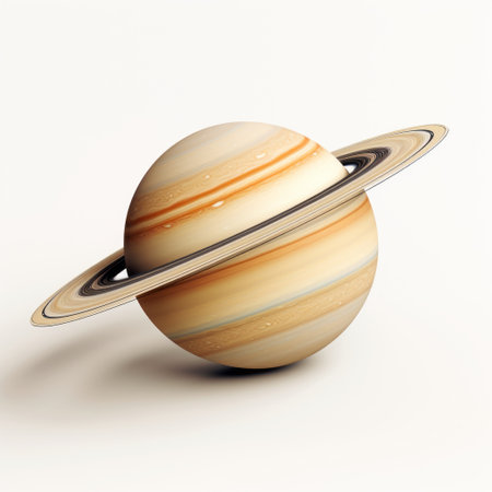 saturn, with its iconic rings and distinctive brown hue, takes center stage in this captivating photograph. the image showcases the planet in a high-key lighting style, with soft gradients adding depth and dimension. the creased, prairiecore aesthetic lends a unique touch to this national geographic-worthy shot, set against a clean white background. splashes of light green and orange further enhance the visual appeal. ai generatedの素材