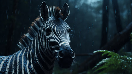 a felt stop-motion zebra stands on a dune in the rain, amidst the stormy philippines forest. the photo captures the dark brown forest with a shallow depth of field, highlighting the zebra made of cotton. the image, shot in 4k, features a touch of blue and low saturation, creating a unique atmosphere in the night. ai generatedの素材