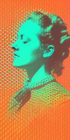 a minimalist portrait of a 1870s starlet sunbathing, featuring a light faded orthonormal coordinate system of 8-bit dots and colors. the background showcases a vanished light lithography effect, with light halftone dots adding depth. the overall aesthetic is an ever-moving anaglyphic kaleidoscopic style, reminiscent of minimal psychedelic art. ai generatedの素材