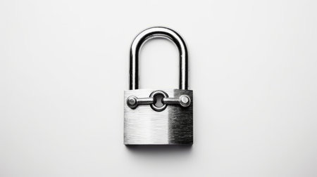 metal padlock with key on white background. minimal retouching enhances the sterling silver highlights. adafruit-inspired design showcases varied brushwork techniques, bold colors, and marks. the orderly symmetry and rounded forms create an eye-catching composition. ai generatedの素材