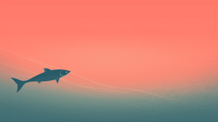 a fish stands amidst a fierce battle for first place between two other fish. this captivating artwork, inspired by color field minimalism, showcases high horizon lines and minimalist backgrounds. created by the talented artist emiliano ponzi, the piece features flowing lines, richly colored skies in shades of dark turquoise and light red. ai generatedの素材