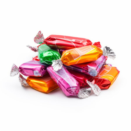 a bunch of candy, shaped in various colors, including light red and silver, creates a visually striking image. the high contrast between the dark yellow and magenta candies adds to the vibrant composition. wrapped in a style reminiscent of les nabis, the candies feature a combination of dark pink and light emerald hues, reminiscent of velvia film. ai generatedの素材