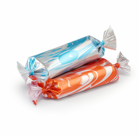 two candy tubes, one dark orange and the other light azure, are arranged in a swirling vortex pattern. the metallic rectangles on the tubes create an eye-catching design against the white background. the streaked and flowing textures give the tubes a dynamic and wrapped appearance. ai generatedの素材