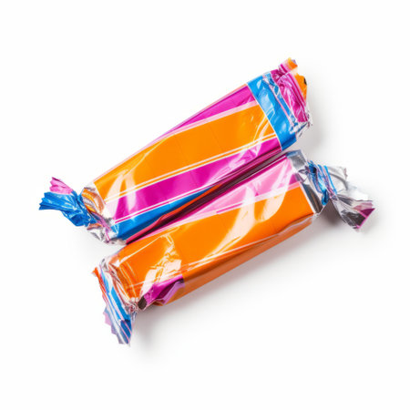 two candy bars, one in orange and the other in magenta, are placed on a clean white background. the wrappers are made of plastic and feature bold, colorful lines. the photo is inspired by the artistic style of salvator rosa and was developed using the caffenol method. the overall aesthetic of the image is reminiscent of the larme kei fashion trend. ai generatedの素材
