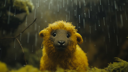 an animated lamb, rendered in cinema4d, stands gracefully in a field as rain gently falls. this captivating documentary photo showcases the tender depiction of nature, with the lamb's dark yellow plush doll art style adding a unique touch. shot on 70mm, this booru-worthy image captures the beauty of the animated lamb amidst the serene rain-soaked surroundings. ai generatedの素材