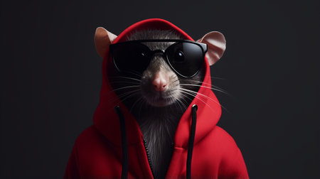 a rat wearing a red hooded sweatshirt and sunglasses is captured in this photorealistic portrait. the softbox lighting enhances the details, showcasing the epicness of the image. with a hip-hop style, this artwork by peter mitchev combines elements of quantumpunk and brian sum's unique artistic vision. ai generatedの素材
