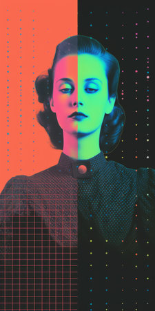 a minimalist portrait of a 1870s starlet sunbathing, featuring a light faded orthonormal coordinate system of 8-bit dots and colors. the background showcases a renaissance-inspired vanished light lithography, with light halftone dots adding depth. the overall effect creates an ever-moving anaglyphic kaleidoscopic aesthetic, reminiscent of minimal psychedelic art. ai generatedの素材