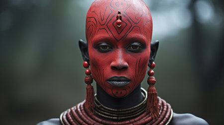 ethiopic woman adorned in traditional face paint, showcasing a mesmerizing blend of hyper-realistic sci-fi and cultural elements. her face is adorned with intricate animal motifs in light red and dark black hues, creating a captivating visual contrast. this stunning uhd image, captured with the steinheil quinon 55mm f/1.9 lens, transports us into a world where fantasy creatures come to life. a remarkable national geographic photoの素材