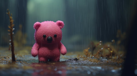 a pink teddy bear stands in a misty scene with rainfall, rendered in the style of unreal engine. the adorable toy sculpture is surrounded by a soggy atmosphere, captured on 70mm film. the emotionally charged and charming character contrasts with the dark and foreboding colors of the setting. ai generatedの素材