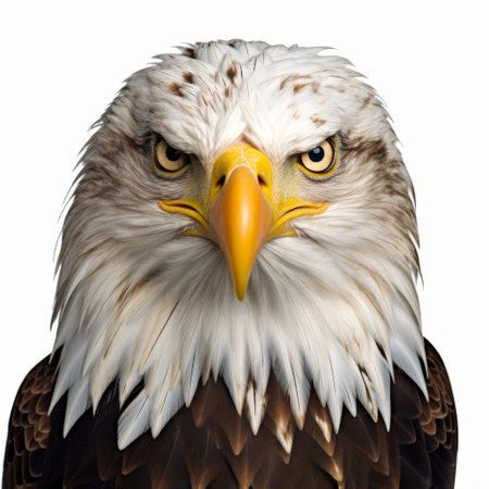 a bald eagle, captured in a realistic hyper-detailed rendering, showcases dynamic and exaggerated facial expressions. with minimal retouching, this photo stands against a white background, reminiscent of a national geographic shot. the use of photo-realistic techniques brings out the true essence of this majestic bird. ai generatedの素材