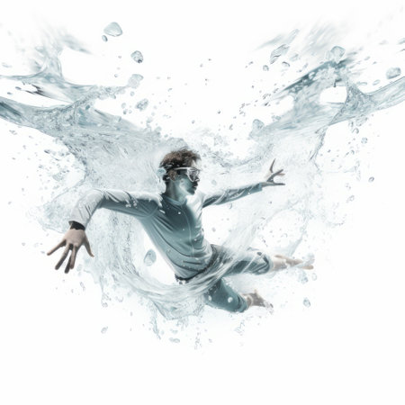 two figures in water, flying through the air, create a dynamic and action-packed scene. this photorealistic composition showcases innovative techniques, with a focus on the fluidity of their movements and the connections between their joints. the white and aquamarine tones add to the sense of energy and motion in this captivating image. ai generatedの素材