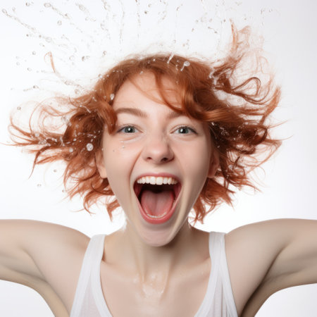 young woman with chaotic energy, inspired by verdadism and david brayne, joyfully throws water towards the camera. her exaggerated facial features and vibrant dark orange and white colors add to the dynamic and optimistic vibe of the photo. this image captures the essence of aquirax uno's artistic style. ai generatedの素材