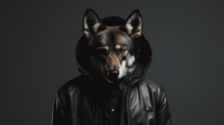a black dog wearing a leather hoodie with an id or name tag, captured in the style of evocative environmental portraits. the photo showcases vray tracing, street fashion, and a color palette of dark amber and gray. the minimalist portrait highlights photo-realistic techniques and features a geometric animal figure. ai generatedの素材