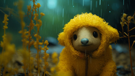 a felt stop-motion sheep named tundra stands in the rain amidst a storm in the brazilian forest. the photo, captured in 4k resolution, showcases a shallow depth of field with a dark yellow forest backdrop. the sheep's wool is prominently featured, creating a striking contrast against the night sky. the image is characterized by a yellow and blue color palette with low saturation. ai generatedの素材