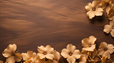 close-up photo of brown flowers on a black background, featuring realistic landscapes with soft edges. the color palette includes dark beige and beige tones, creating a romantic and sculpted scenery. the image showcases elements of color field minimalism, with decorative borders and backgrounds adding to its aesthetic appeal. ai generatedの素材
