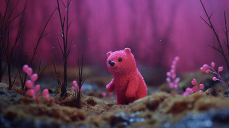 toy bear in a dark forest surrounded by vibrant flowers. rendered in cinema4d, this pink and crimson bear stands out against the saturated pigment pools. the detailed miniatures, made of plastic, create a fictional landscape that feels alive. perfect for animated gifs and lovers of imaginative scenes. ai generatedの素材