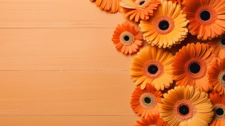 circular pattern of orange gerbera daisies on an orange wooden background. minimalist style, colorful woodcarvings, uhd image, light orange and beige tones. hand-painted details add a unique touch. perfect for tabletop photography. high-quality photo capturing the beauty of nature and craftsmanship. ai generatedの素材