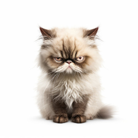twitchy cat isolated on white background, in the style of frayed persian miniature. this quirky character design captures the cat's unique personality, with its bulbous features and soft mist surrounding it. a captivating photo reminiscent of national geographic's artistic and destructive imagery. ai generatedの素材