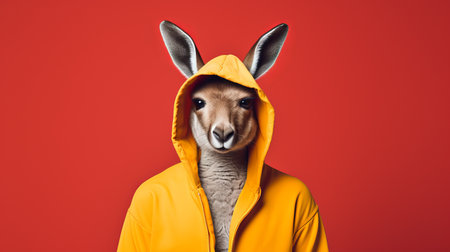 an animal wearing a yellow jacket stands out against a vibrant red background in this postmodern mashup photo. the australian tonalism influence is evident in the light gray and orange tones, while bunnycore elements add a touch of whimsy. the photorealistic portrait captures sharp details, and the clever humor adds an extra layer of intrigue. shot with a sony alpha a7 iii. ai generatedの素材