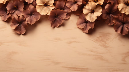 a detailed and abstract floral background featuring delicate flowers in shades of brown and amber. this minimalist composition, reminiscent of wood sculptor style, creates a photorealistic effect. perfect for tabletop photography, this tan background adds a touch of elegance to any project. ai generatedの素材