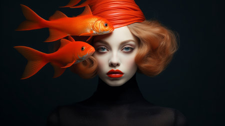 the woman in the photo showcases a stunning eyeshadow and makeup look, while also sporting a unique gold fish in her hair. the image captures the essence of realistic portraitures with its dark orange and red tones. the neon realism adds a vibrant touch to the lifelike figures, including the hyperrealistic marine life. the composition is layered, resulting in a visually captivating and high-definition image.の素材