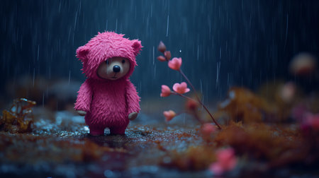 the miniature pink teddy bear stands under a pink umbrella in the rain, creating a whimsical scene. this zbrush-style image showcases intense color saturation and a moody atmosphere. with elements of animated gifs and a cartoon mis-en-scene, this uhd image captures the charm and playfulness of the miniature world. explore this captivating artwork on flickr. ai generatedの素材